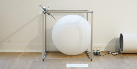 A white balloon in a steal frame.